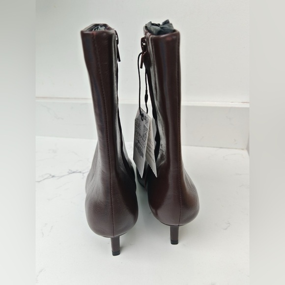 NWOT. Zara Brown Leather Ankle Boots. Kitten Heels. Size 8. - Picture 7 of 9